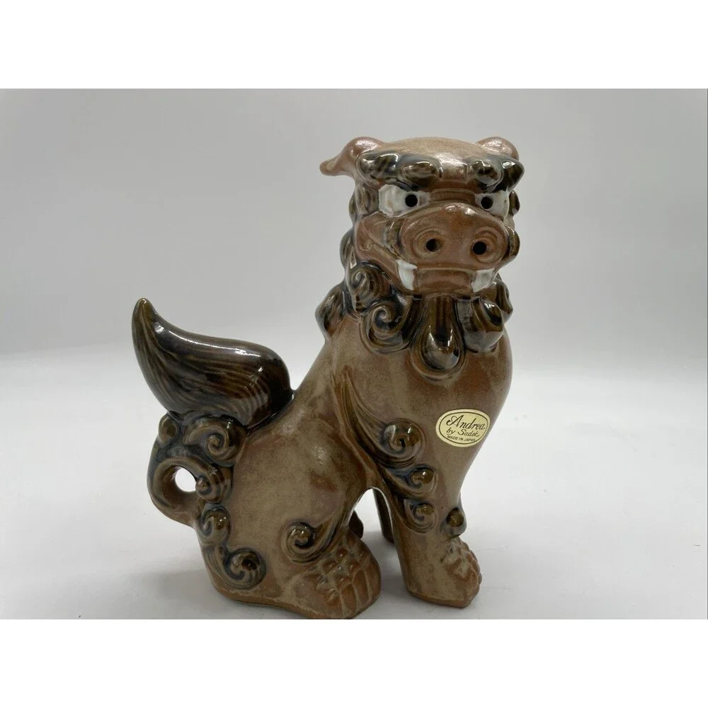 Pair 2 Andrea Sadek Brown Ceramic Asian Foo Dog Lion Figure Dragon Statue Japan